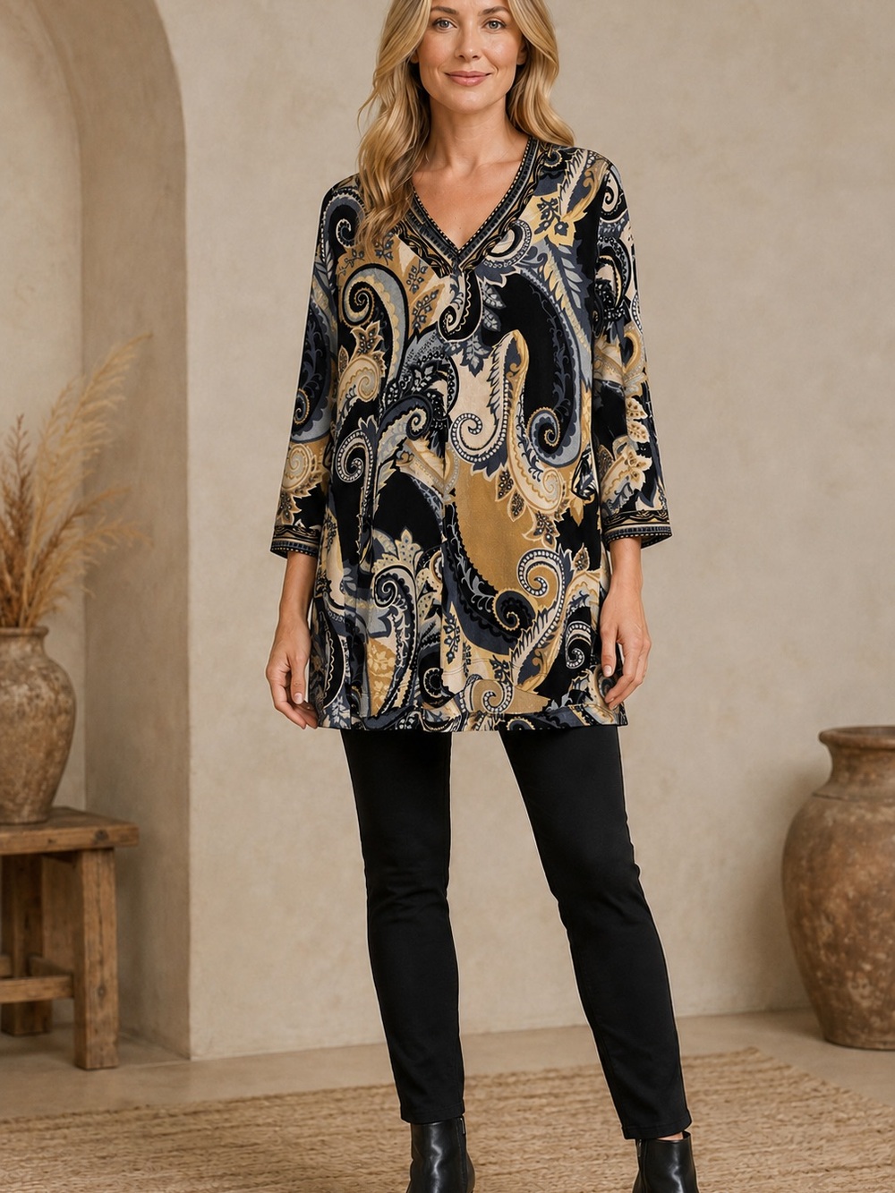 Chico's Paisley V-Neck Tunic in Black and Gold